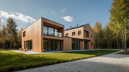 Passive house with minimalist design, natural materials, and smart energy-saving architecture