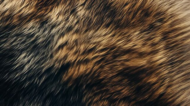 Textured surface of animal fur highlighting shades of brown and black in natural light