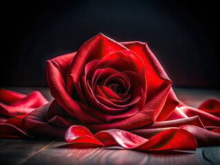 Deep shadows highlight textured rose fabric loops, dramatic lighting creating a striking red silhouette.