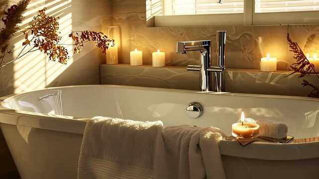 Warm light bathes a serene bathroom with a tub, candles, and plant accents.
