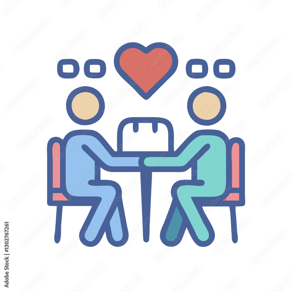 Poster Couple enjoying a romantic dinner date in a cozy setting while sharing affection and connection, captured in a minimalist vector style