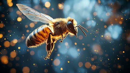 Naklejka premium Honeybee in flight, pollen, dark background, nature, insect macro photography, for environmental awareness campaigns.