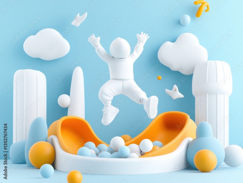 Poster a joyful child leaps into a colorful ball pit in a playful, whimsical setting