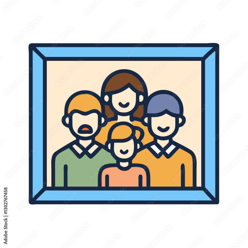 Poster family portrait in a vector style showcasing four members with joyful expressions in a colorful fram