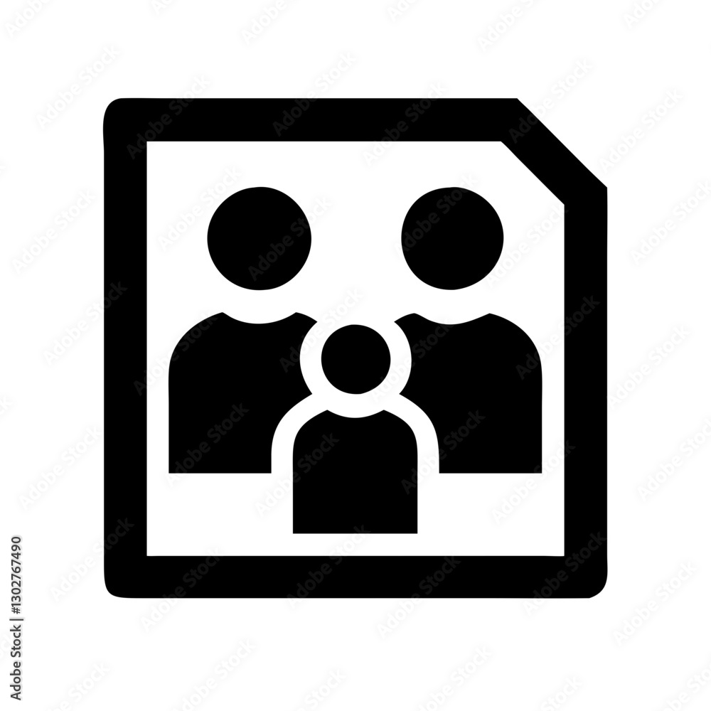 Poster family portrait icon featuring three individuals in a vector design with simple silhouettes and stre