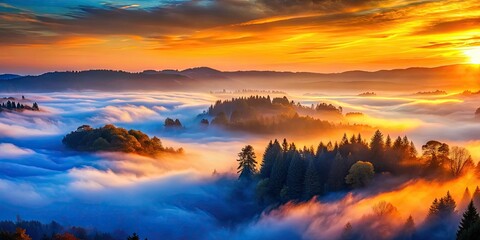 Naklejka premium Dreamlike fog, a vibrant blue and orange panorama unfolds in a surreal scene.