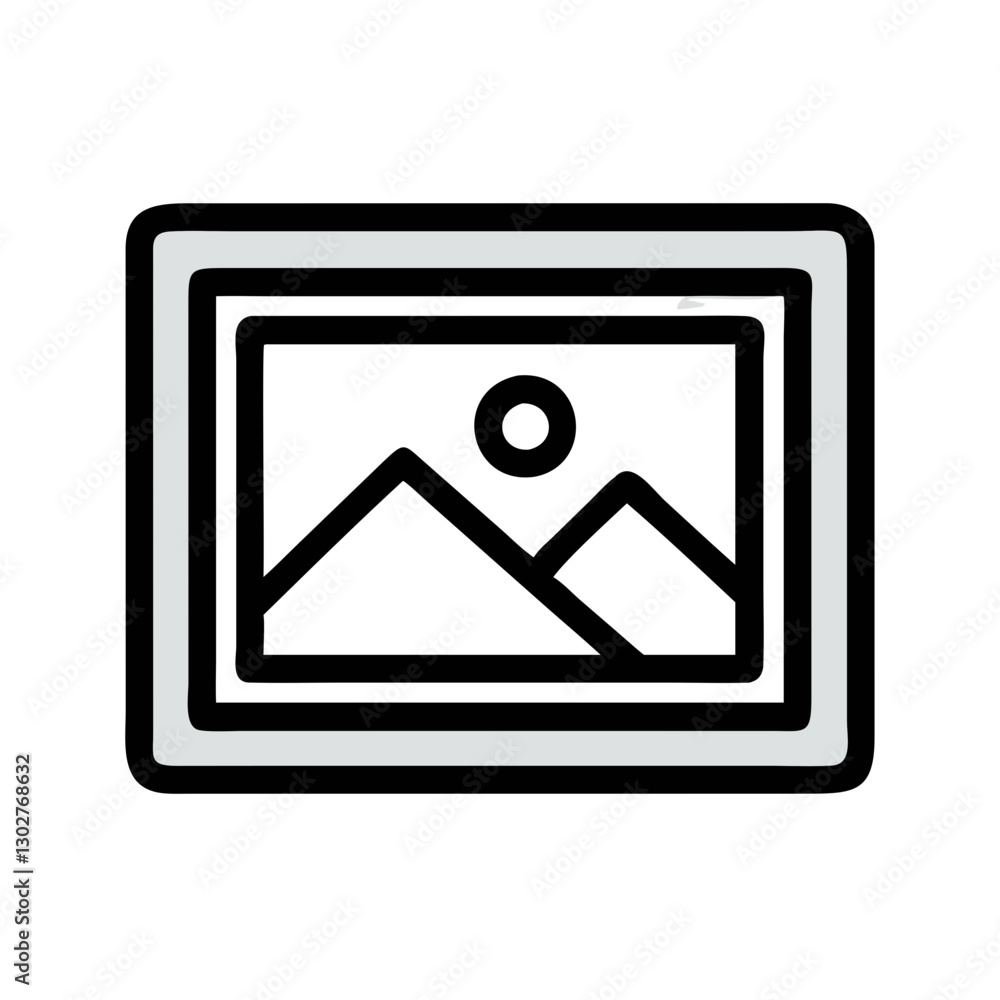 Poster simple vector illustration of a photo frame displaying a landscape image with mountains and a sun ab