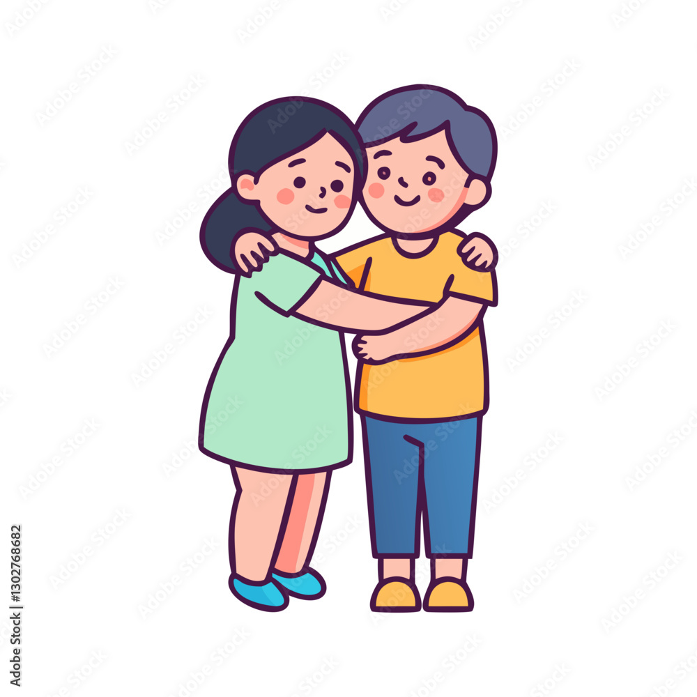 Poster siblings hug warmly showcasing affection and connection in a simple vector design