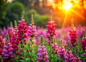 Fototapeta premium Drone captures stunning silhouette: snapdragons' vibrant hues contrast the rich green foliage below.
