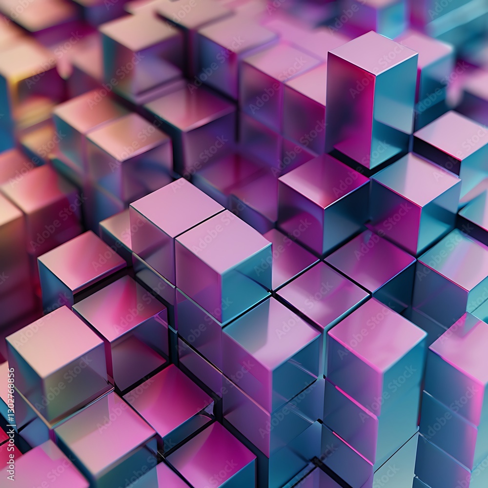 Poster iridescent cubes in a 3d geometric arrangement. abstract and colorful texture with metallic reflecti