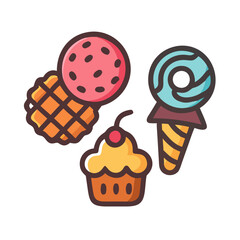 Sweet treats vector icon collection featuring colorful dessert items like ice cream, cookies, and cupcakes for digital design and culinary themes