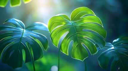 Lush green monstera leaves backlit by sunlight in a tropical forest, ideal for nature-themed designs.