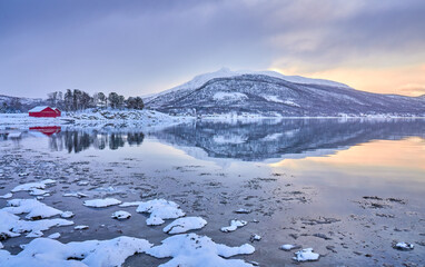 moody coastal winter landscape  near Gibostad  on Senja Island in northern Norway
