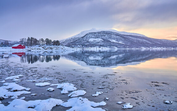 moody coastal winter landscape  near Gibostad  on Senja Island in northern Norway

