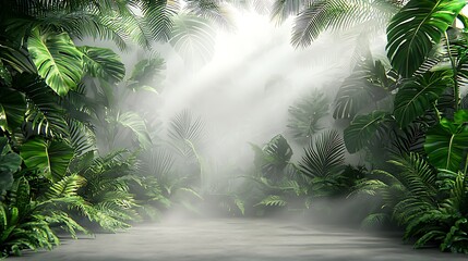 Obraz premium Lush tropical jungle scene, misty floor, sunlight; product display backdrop.