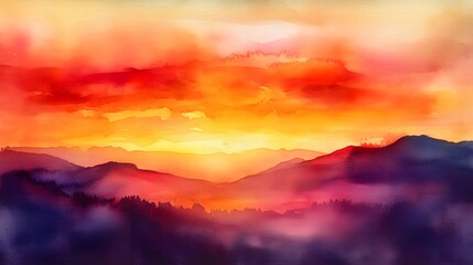 Obraz premium Vibrant Watercolor Sunset Over Mountain Landscape in Warm Hues