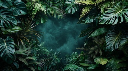 Lush Tropical Leaves Frame, Dark Background, Nature Scene, Mockup