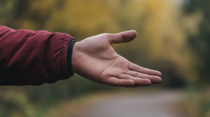 a man's hand extended towards the camera