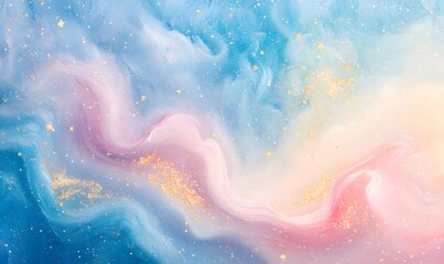 Soft pastel watercolor painting of a celestial rainbow swirl with shining stars in pink and blue. Generative AI