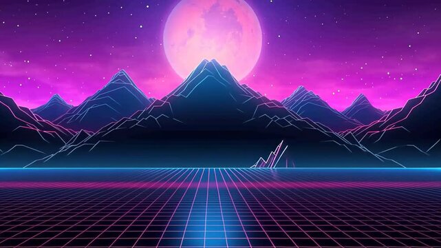 Neon purple synthwave style mountains under large moon