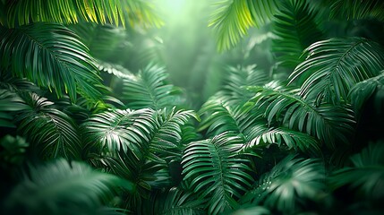 Lush tropical rainforest, sunlight filtering, dense foliage, jungle background, nature wallpaper.
