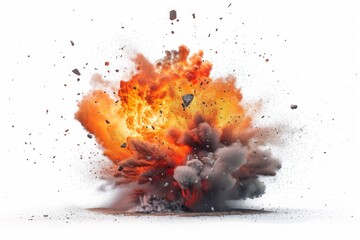 A fiery explosion with intense orange flames and billowing smoke clouds isolated. Neural network ai generated