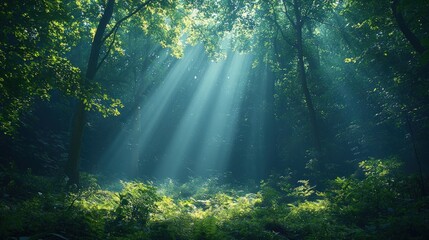 Fototapeta premium Sunbeams piercing through a misty forest.