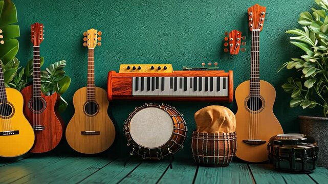Musical Harmony: An array of musical instruments creating a captivating collection with green background, evoking rhythm and melody