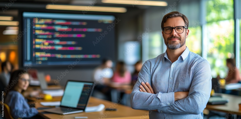 Poster a confident business professional stands in a modern office, showcasing leadership and teamwork. the
