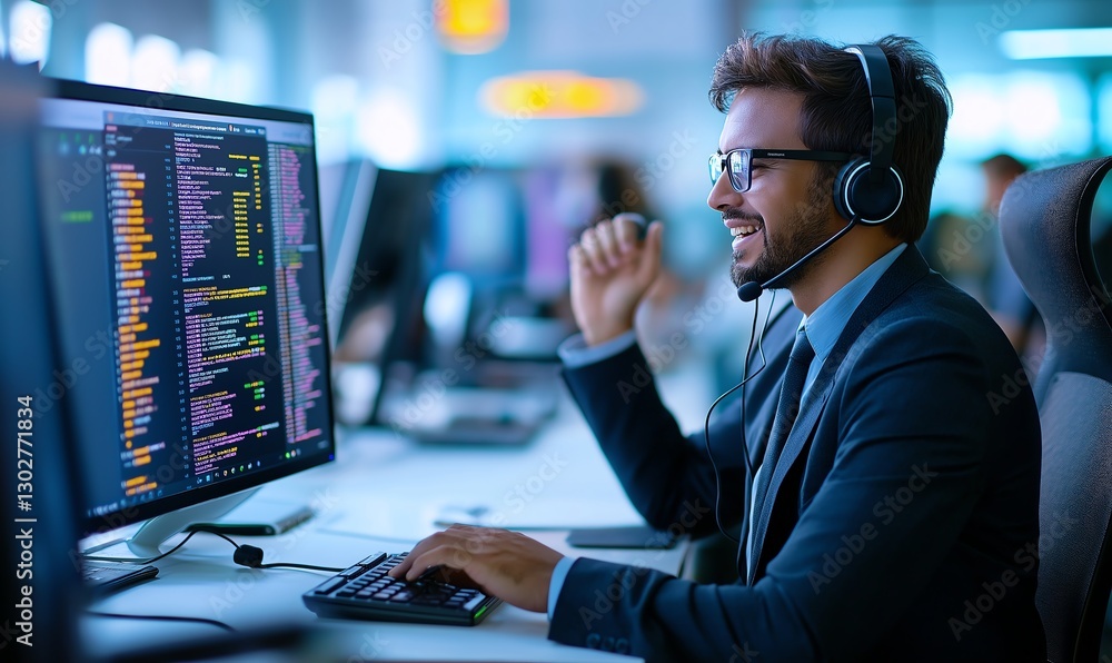 Poster a young professional wearing a headset is intently engaged in his work, using multiple computer scre