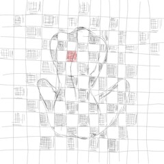 abstract sketch illustration of a sad female figure with a burning heart, depicted on a grid background with a single red square, creating a conceptual and emotional design