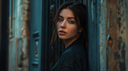 Naklejka premium Portrait of a young woman with brown hair leaning against a dark teal doorway in an urban setting