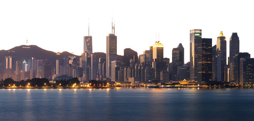 Obraz premium Twilight Cityscape Skyscrapers Illuminated by Soft Glow