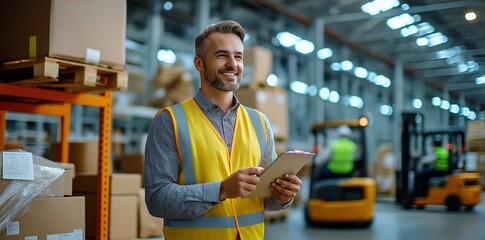 A warehouse worker in a safety vest smiles while using a tablet, overseeing operations. The environment is busy with forklifts and organized stacks of boxes.