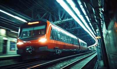 Fototapeta premium Fast train arriving at night station platform with motion blur, ideal for travel projects