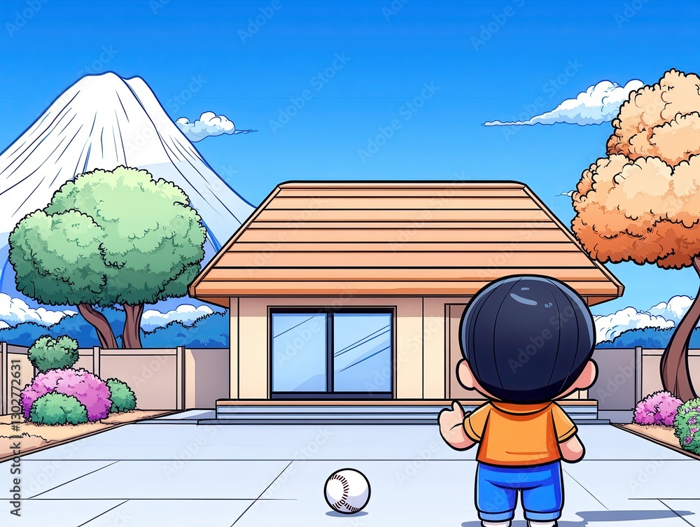Poster child standing in front of a house with a mountain backdrop and colorful trees