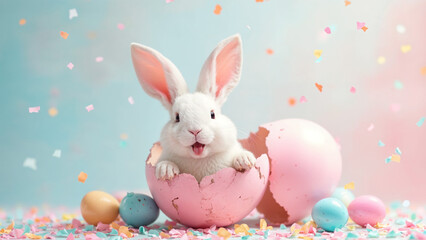 Obraz premium Adorable white bunny sitting inside a pink eggshell surrounded by colorful Easter eggs, confetti, and pastel decorations 