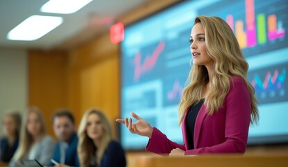 A confident woman presents business data in a modern conference room, engaging her audience with compelling visuals and statistics. A perfect representation of professionalism.