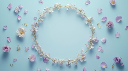 Naklejka premium A delightful arrangement showcases a floral wreath surrounded by scattered petals on a soft blue surface, creating a fresh and inviting spring atmosphere perfect for events