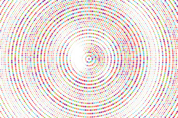 Radial multicolor halftone gradient background. Random dotted concentric texture with fading effect. Colorful circle shade wallpaper. Grunge rough vector. Random dotted backdrop.