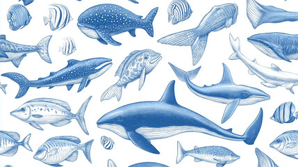 Fototapeta premium Seamless hand drawn sea animals pattern. Blue and white. Vintage vector illustration. 