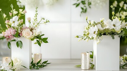 Elegant floral arrangements in white and pastel colors, beautifully displayed on a table against a soft green background.