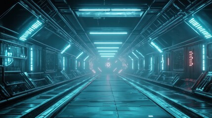 Futuristic corridor illuminated by neon lights, leading to a bright, unknown destination