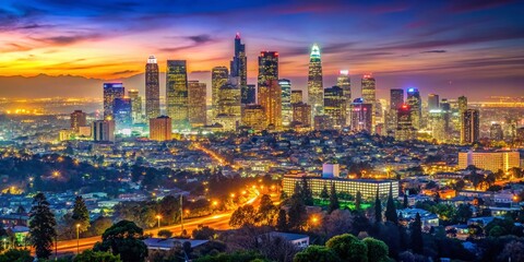 Stunning Panoramic Night View of Los Angeles Skyline, California