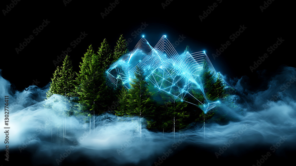 Poster digital forest transformation visualizing nature's data interplay in a mystical landscape