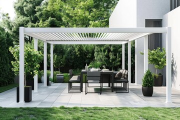 Sharp Picture of Sleek Minimalist Patio with White Pergola and Stylish Dining Set
