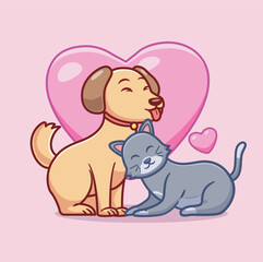 cat and dog are friends. relationship love and affection of pets with heart symbol