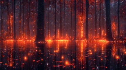 Burning forest reflecting in still water at night