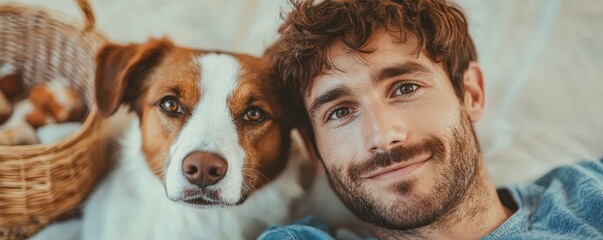 National pet day with companionship and dog concept. Man smiles with a dog in a cozy indoor setting.