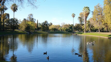 Serene park scene with ducks swimming in a tranquil pond surrounded by lush greenery